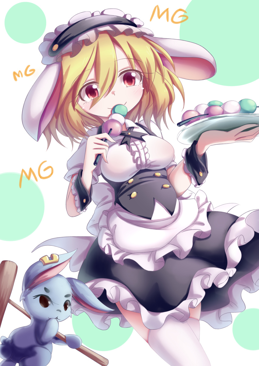 absurdres animal_ears apron arm_up bad_id bad_pixiv_id belly black_hairband black_skirt black_vest blonde_hair breasts center_frills chinese_commentary commentary_request cosplay cowboy_shot dango dior-zi earclip eating eyes_visible_through_hair fake_animal_ears female fleur_de_lapin_uniform food frilled_apron frilled_hairband frilled_shirt frilled_skirt frills gochuumon_wa_usagi_desu_ka? hair_between_eyes hairband headdress highres holding holding_plate kine kirima_syaro kirima_syaro_(cosplay) lolita_hairband looking_at_viewer mallet medium_breasts mg_mg miniskirt plate polka_dot polka_dot_background puffy_short_sleeves puffy_sleeves rabbit rabbit_ears red_eyes ringo_(touhou) sanshoku_dango seiran_(touhou) seiran_(touhou)_(bunny) shirt short_hair short_sleeves skirt smile solo thighhighs touhou underbust vest wagashi waist_apron white_apron white_hair white_shirt white_thighhighs wrist_cuffs