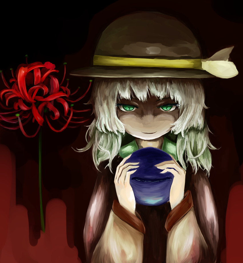 blouse commentary_request faux_traditional_media female flower gradient_background green_eyes grey_hair gyuunyuu_(cat-on-moon) hat hat_ribbon highres komeiji_koishi looking_at_viewer red_flower ribbon shirt short_hair smile solo spider_lily third_eye touhou upper_body white_hair