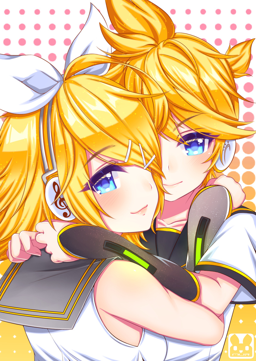 1boy absurdres aqua_eyes blonde_hair blue_eyes bow brother_and_sister commentary english_commentary female hairbow headphones headset highres kagamine_len kagamine_rin murmoruno ribbon sailor_collar short_hair shorts siblings smile twins vocaloid