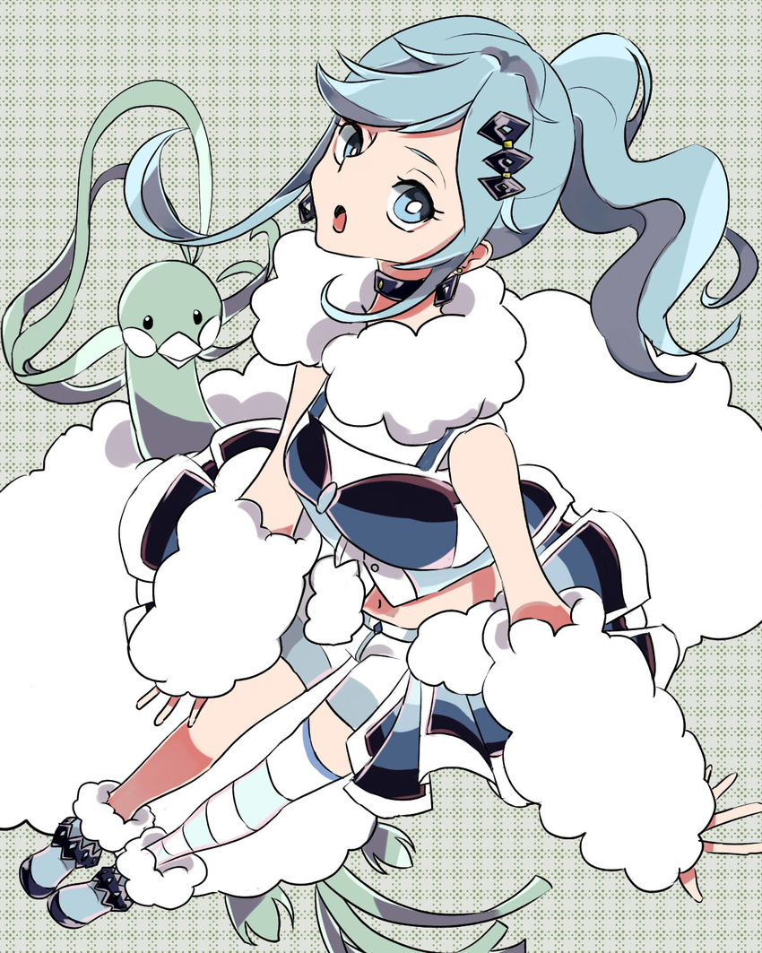 altaria aqua_eyes aqua_hair asymmetrical_hair earrings legs legwear lucia_(pokemon) midriff navel open_mouth pokemon pokemon_(creature) pokemon_(game) ponytail shoes skirt stripoed_legwear tiara