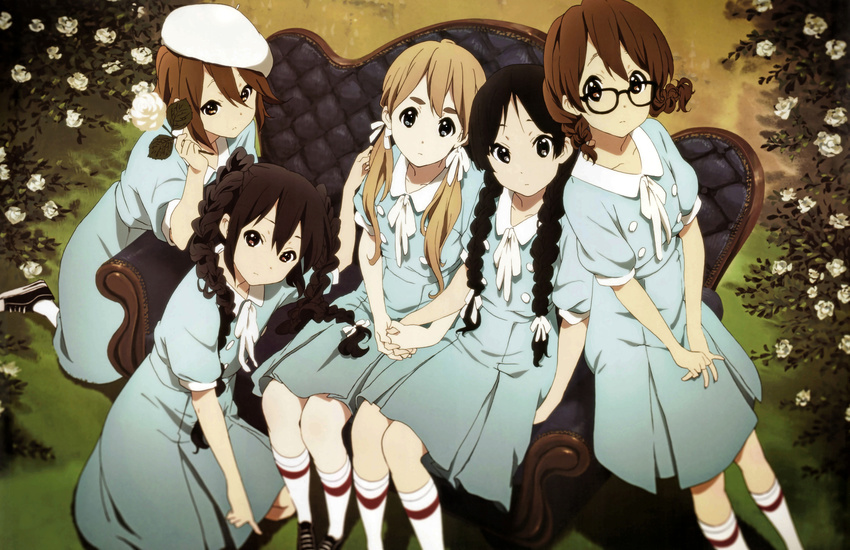 5girls absurdres akiyama_mio alternate_costume alternate_hairstyle black_eyes black_hair blonde_hair blue_eyes brown_eyes brown_hair glasses highres hirasawa_yui k-on! kotobuki_tsumugi long_hair looking_at_viewer multiple_girls nakano_azusa official_art scan short_hair singing!_(k-on!) tainaka_ritsu yamada_naoko