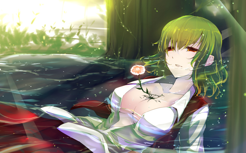 breasts cleavage collarbone collared_shirt commentary_request crying crying_with_eyes_open death eyes_visible_through_hair female flower green_hair hair_between_eyes highres itocoh kazami_yuuka large_breasts leaf long_sleeves no_bra open_clothes open_mouth open_shirt partially_submerged red_eyes red_skirt red_vest shirt short_hair skirt skirt_set solo tears touhou vest water wavy_hair white_shirt