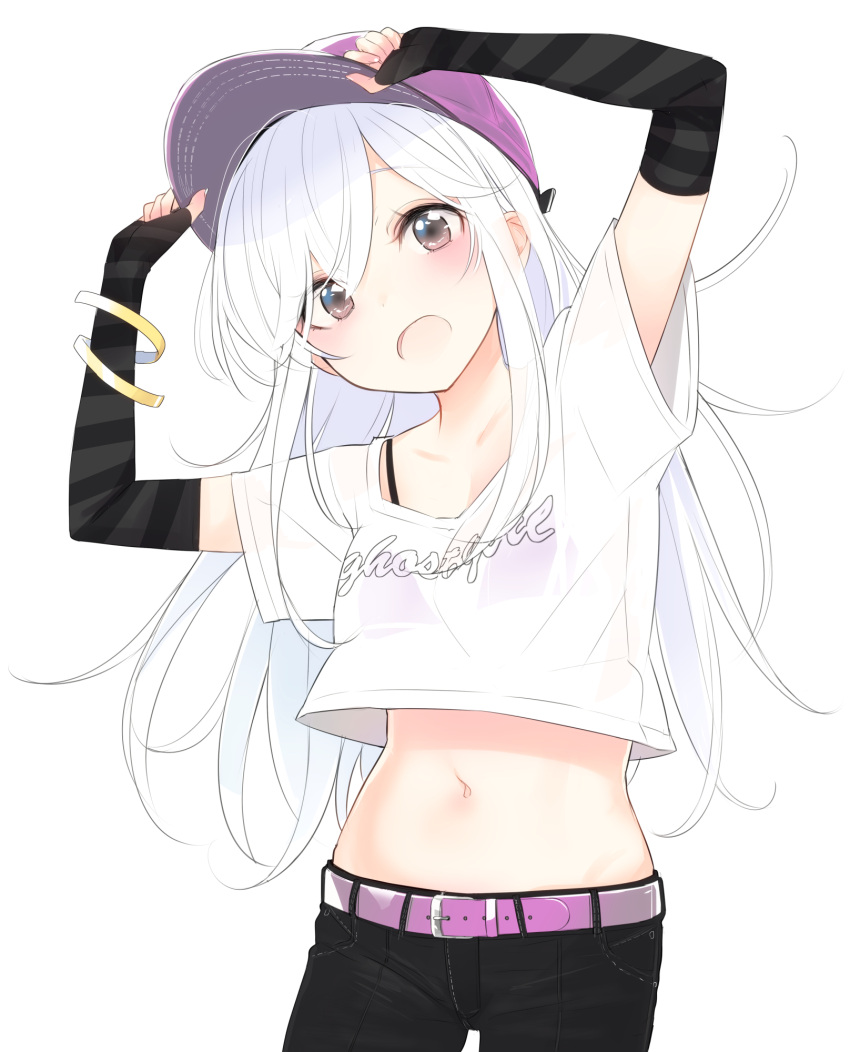 black_legwear breasts female highres kojiki-life long_hair navel open_mouth original shirt simple_background smile solo very_long_hair white_background