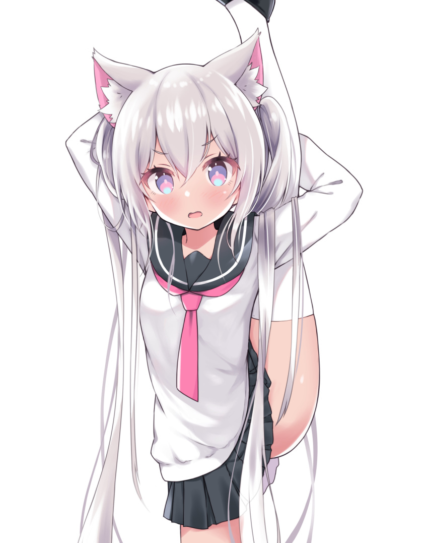 animal_ear_fluff animal_ears arms_behind_head black_footwear black_skirt cat_ears character_request copyright_request eyes_visible_through_hair female highres long_hair multicolored_eyes school_uniform serafuku shirt shoes simple_background siragagaga skirt solo split standing standing_on_one_leg standing_split thighhighs twintails very_long_hair white_background white_hair white_shirt white_thighhighs zettai_ryouiki