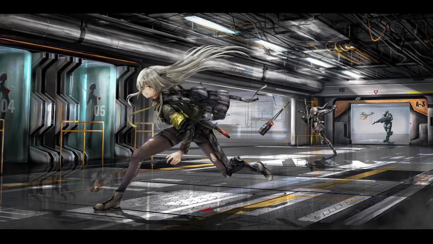 1other 2girls absurdres amanun armband boots chasing cyclops_(girls'_frontline) drone explosive girls'_frontline grenade gun h&k_ump highres humanoid_robot kcco_(girls'_frontline) multiple_girls radio robot room running submachine_gun suppressor ump40_(girls'_frontline) ump45_(girls'_frontline) weapon yellow_armband