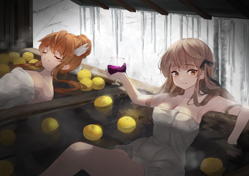 2girls :3 alcohol bare_arms bare_shoulders bath black_ribbon blunt_bangs blush breasts brown_eyes cleavage closed_eyes closed_mouth collarbone commentary_request cup curvy drinking_glass eyelashes floating_hair food fruit fruit_on_liquid hair_between_eyes hair_over_shoulder hair_ribbon hair_spread_out hand_up highres holding holding_cup large_breasts leaning_back light_brown_hair long_hair looking_at_viewer multiple_girls naked_towel onsen ootori_chihaya orange_hair partially_submerged perspective relaxing rewrite ribbon same-sex_bathing senri_akane shared_bathing sidelocks sitting smile snowing steam tagame_(tagamecat) towel very_long_hair wine wine_glass wing_hair_ornament winter yuzu_(fruit)