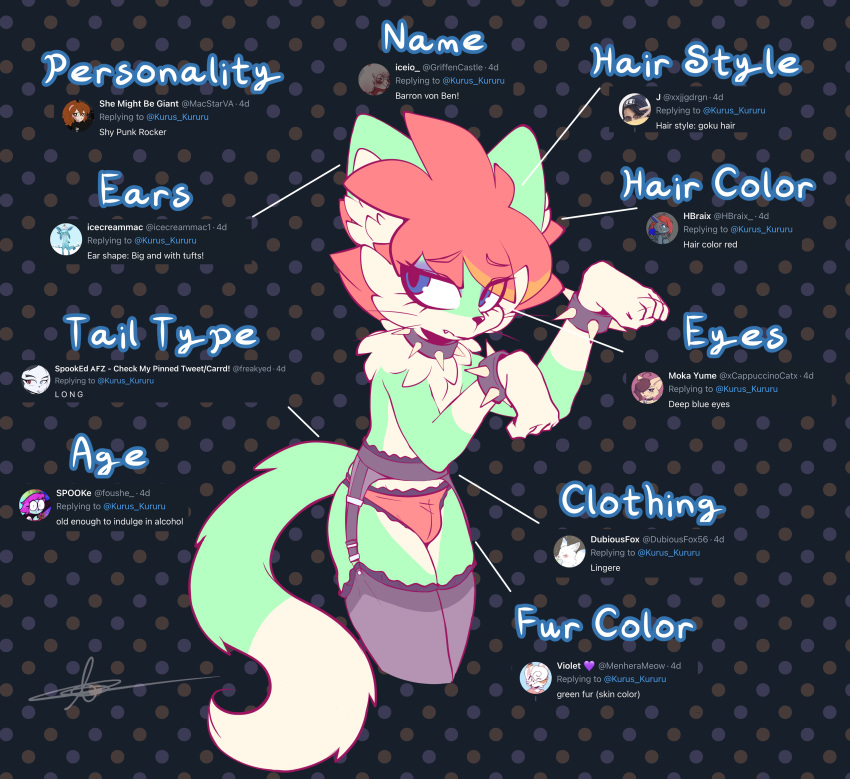 absurd_res anthro barron_von_ben_(kurus) big_ears blue_eyes bracelet bulge cheek_tuft chest_tuft clothing collar digital_media_(artwork) domestic_cat ear_tuft english_text eyeshadow facial_tuft fangs felid feline felis fur hair hi_res jewelry kurus legwear lingerie looking_at_viewer makeup male mammal red_hair simple_background solo spiked_bracelet spiked_collar spikes stockings teeth text thigh_highs tuft underwear whiskers white_body white_fur worried