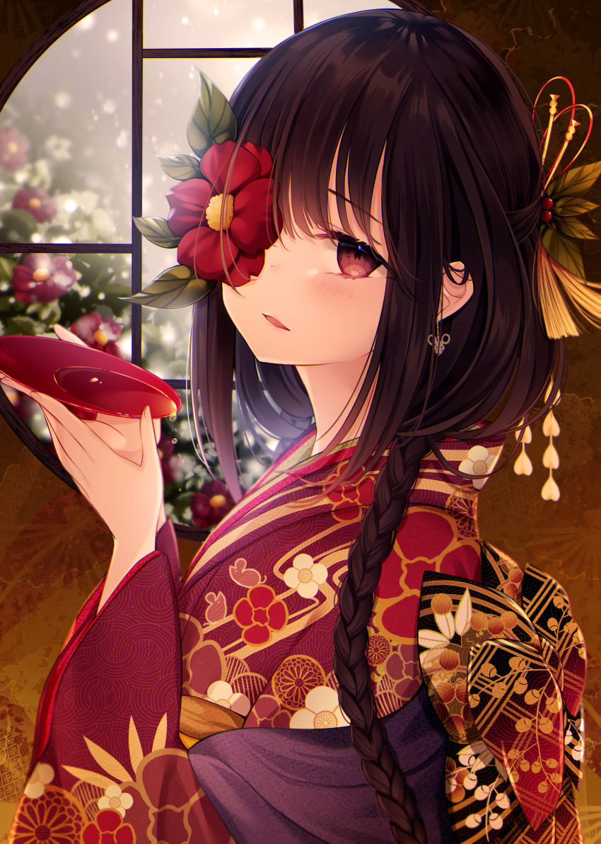 absurdres alcohol back_bow bad_id bad_pixiv_id blush bow braid commentary_request cup day dripping earrings female floral_print flower flower_over_eye from_side hair_ornament hair_over_shoulder highres holding holding_cup indoors japanese_clothes jewelry kimono kuro_namako leaf_hair_ornament long_hair looking_at_viewer looking_to_the_side obi one_eye_covered original parted_lips partial_commentary print_kimono print_sash red_eyes red_flower red_kimono round_window sakazuki sake sash single_braid smile solo upper_body window yukata