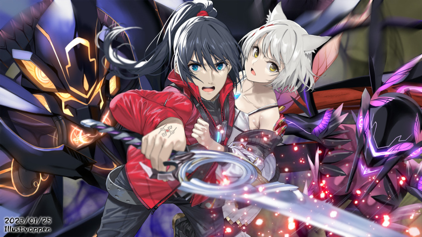 1boy animal_ears arm_around_shoulder black_hair blue_eyes camisole cat_ears chest_jewel female grey_hair jacket looking_at_viewer lucky_seven_(xenoblade) mio_(xenoblade) noah_(xenoblade) off_shoulder open_mouth ouroboros_(xenoblade) ponytail sword weapon white_camisole xenoblade_chronicles_(series) xenoblade_chronicles_3 yappen yellow_eyes