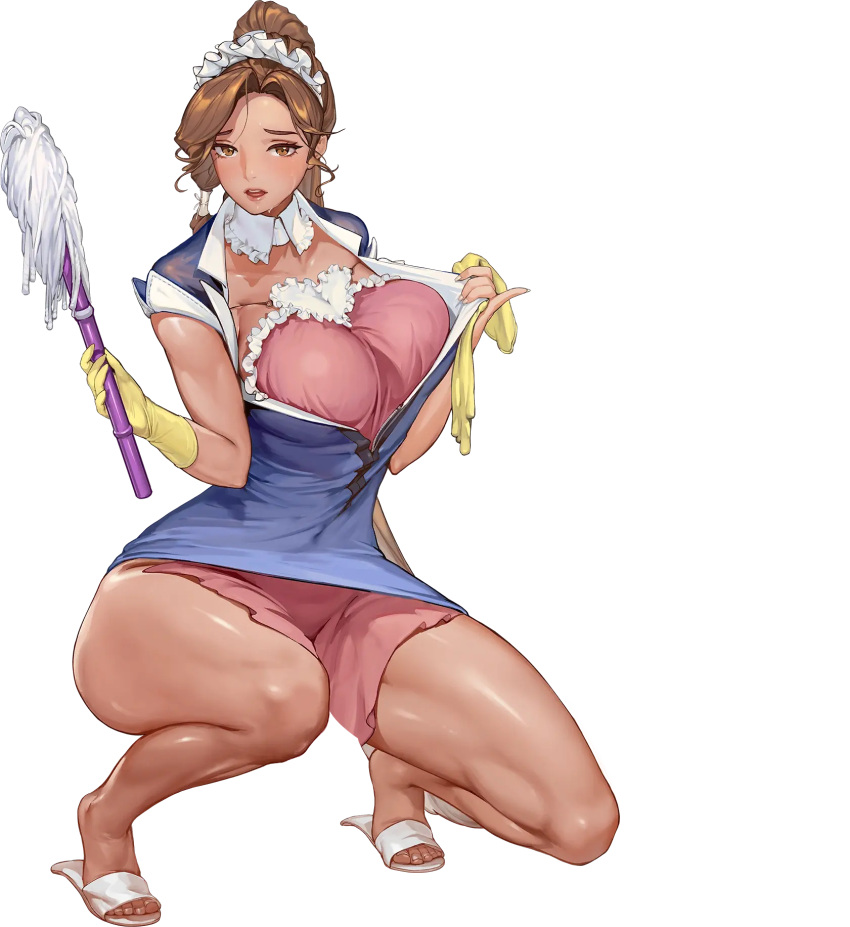 apron bangs belt breasts brown_eyes collar covered_navel curvy dark-skinned_female dark_skin detached_collar dress female full_body game_cg gloves highres large_breasts last_origin long_hair looking_at_viewer maid maid_headdress miss_safety mop official_art parted_bangs pink_apron puddle pulled_by_self revealing_clothes rorobomb sandals shirt short_dress simple_background solo squatting tachi-e thighs tiptoes toned transparent_background undressing upskirt wide_hips yellow_gloves