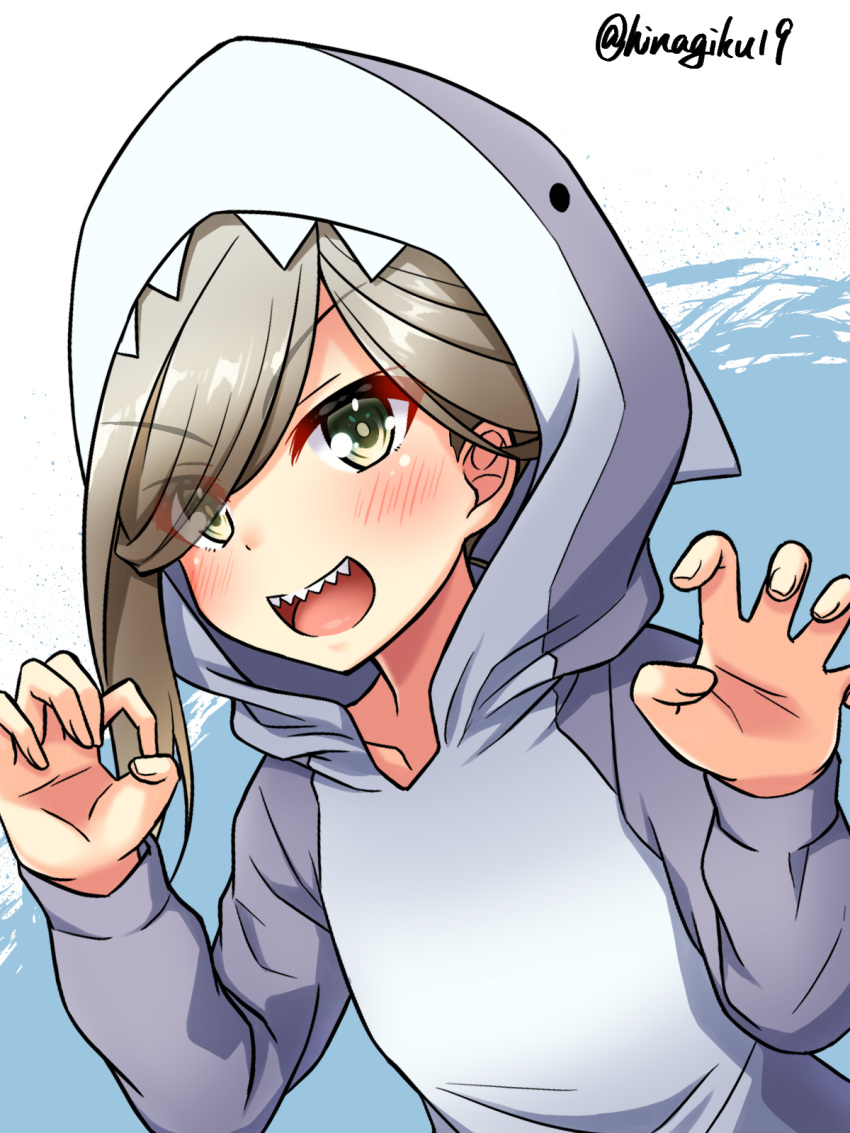 ahoge alternate_costume animal_costume animal_hood asashimo_(kancolle) blush commentary_request curled_fingers female grey_eyes grey_hair hair_over_one_eye hands_up highres hood kantai_collection kazami_ren_(fuushagoya) looking_at_viewer one-hour_drawing_challenge open_mouth ponytail shark_costume sharp_teeth signature smile solo teeth upper_body