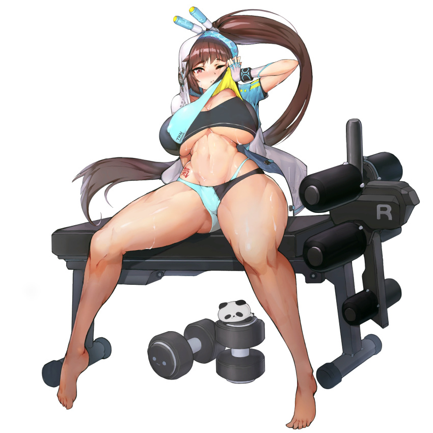 barefoot black_sports_bra blush body_writing breasts brown_eyes brown_hair cleavage clothes_lift dumbbell female fingerless_gloves game_cg gloves groin gym hair_pulled_back highres huge_breasts large_breasts last_origin legs_apart lifting_own_clothes long_hair looking_at_viewer navel official_alternate_costume official_art one_eye_closed panda shirt_lift side_ponytail sima_(startwitch) sitting solo sports_bra sportswear sweat thick_thighs thighs third-party_source thong tiequan_(last_origin) toned transparent_background underboob very_long_hair weights wiping_face wiping_sweat