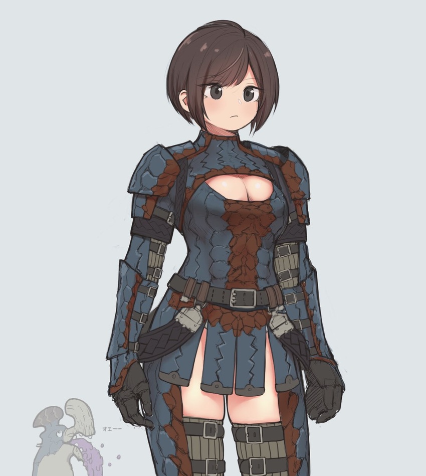 1other armor belt black_eyes black_gloves breasts brown_hair cleavage commentary_request cowboy_shot female genso gloves grey_background gypceros gypceros_(armor) highres leg_armor medium_breasts monster_hunter_(character) monster_hunter_(series) short_hair shoulder_armor solo_focus standing thighhighs