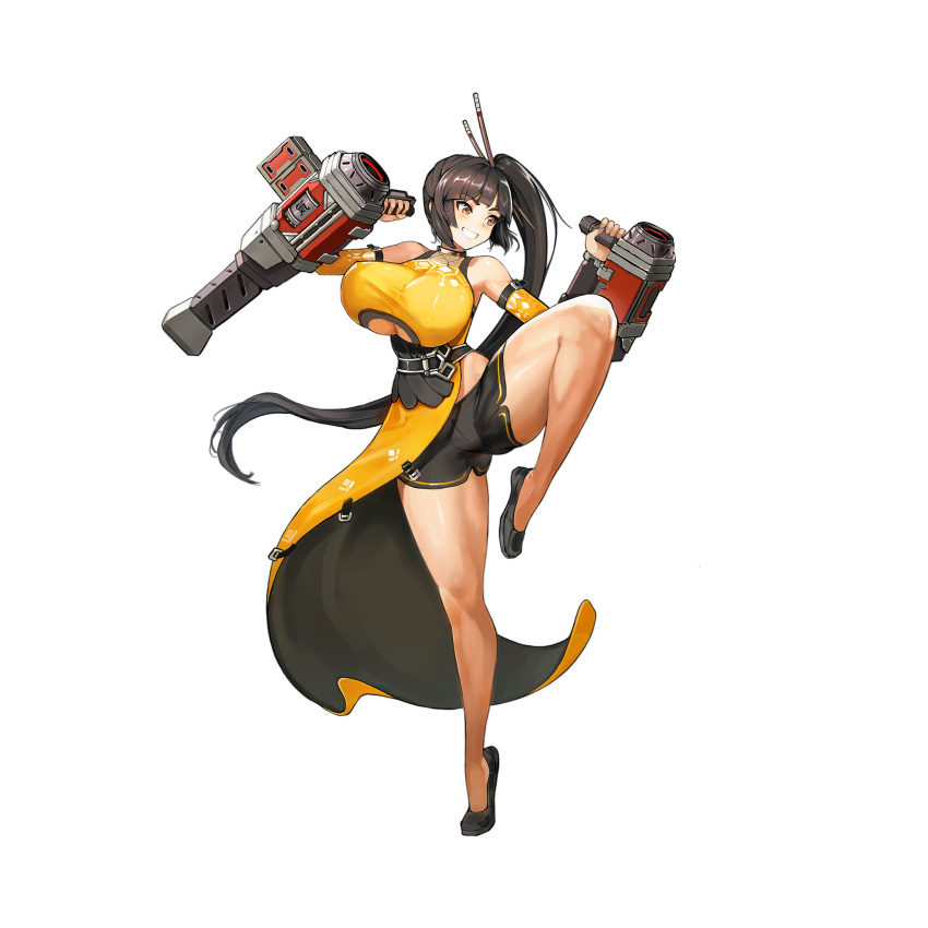 black_shorts blush breasts brown_eyes brown_hair china_dress chinese_clothes dress female flats full_body game_cg grin hair_ornament hair_pulled_back hair_stick highres huge_breasts last_origin long_hair looking_to_the_side official_art pelvic_curtain pile_bunker pose short_shorts shorts side_slit sima_(startwitch) smile solo tachi-e third-party_source tiequan_(last_origin) tonfa transparent_background weapon yellow_dress