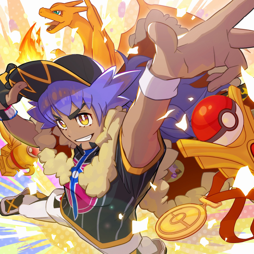 1boy arm_up bad_id bad_pixiv_id baseball_cap bright_pupils cape champion_uniform charizard charizard_pose commentary_request dark-skinned_male dark_skin dynamax_band facial_hair fire fur-trimmed_cape fur_trim gloves grin hand_on_headwear hat highres leggings legs_apart leon_(pokemon) long_hair male_focus partially_fingerless_gloves poke_ball poke_ball_(basic) pokemon pokemon_(creature) pokemon_swsh pose purple_hair red_cape shirt shoes short_shorts short_sleeves shorts single_glove smile teeth tom_(pixiv10026189) w white_legwear white_pupils white_shorts white_wristband yellow_eyes