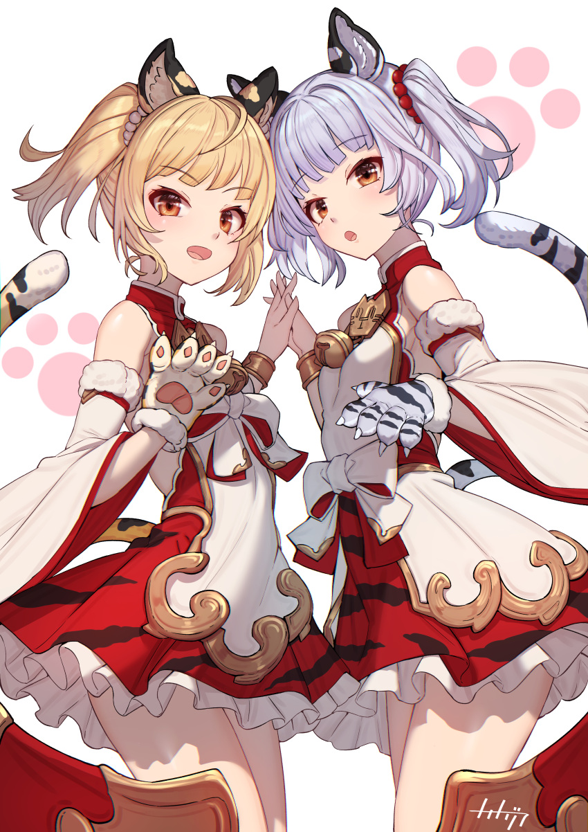 2girls :o absurdres animal_ears animal_hands animal_print arpeggio_kaga bai_(granblue_fantasy) bell blonde_hair blunt_bangs brown_eyes commentary_request detached_sleeves erune gloves granblue_fantasy highres huang_(granblue_fantasy) jingle_bell looking_at_viewer multiple_girls open_mouth paw_gloves paw_print paw_print_background short_hair siblings simple_background single_glove sisters tail thighs tiger_ears tiger_girl tiger_print tiger_tail white_background white_hair wide_sleeves