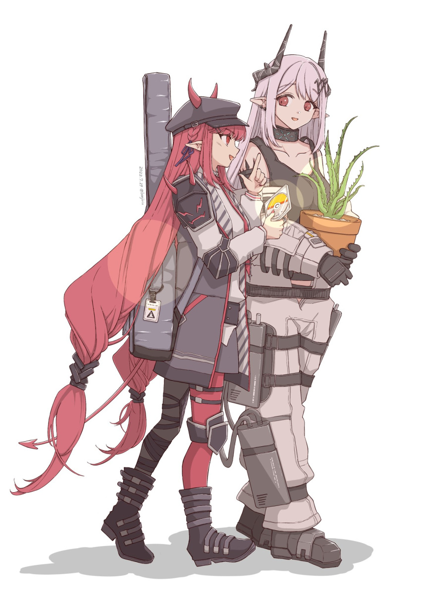 2girls :d arknights black_choker black_footwear black_gloves bonjirix boots cabbie_hat choker collarbone commentary_request full_body gloves grey_hair grey_jacket hat highres holding holding_plant horns horns_through_headwear infection_monitor_(arknights) jacket knee_pads long_hair long_sleeves low-tied_long_hair mudrock_(arknights) mudrock_(elite_ii)_(arknights) multiple_girls open_mouth plant pointy_ears potted_plant red_eyes red_hair red_headwear simple_background smile tail very_long_hair vigna_(arknights) walking white_background