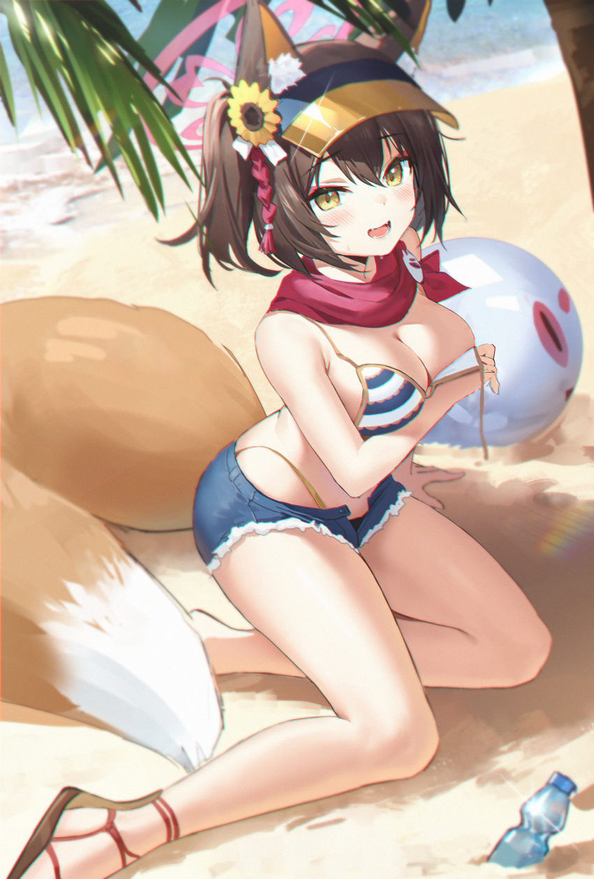 absurdres animal_ear_fluff animal_ears banxuan_c2ka bare_legs beach bikini blue_archive blue_shorts blush bottle breasts brown_hair cleavage day female fox_ears fox_girl fox_tail hair_between_eyes halo highleg highleg_bikini highres izuna_(blue_archive) izuna_(swimsuit)_(blue_archive) looking_at_viewer medium_breasts micro_shorts open_mouth outdoors pink_halo red_scarf sandals scarf short_hair shorts smile solo string_bikini striped_bikini striped_clothes swimsuit tail tree visor_cap yellow_eyes