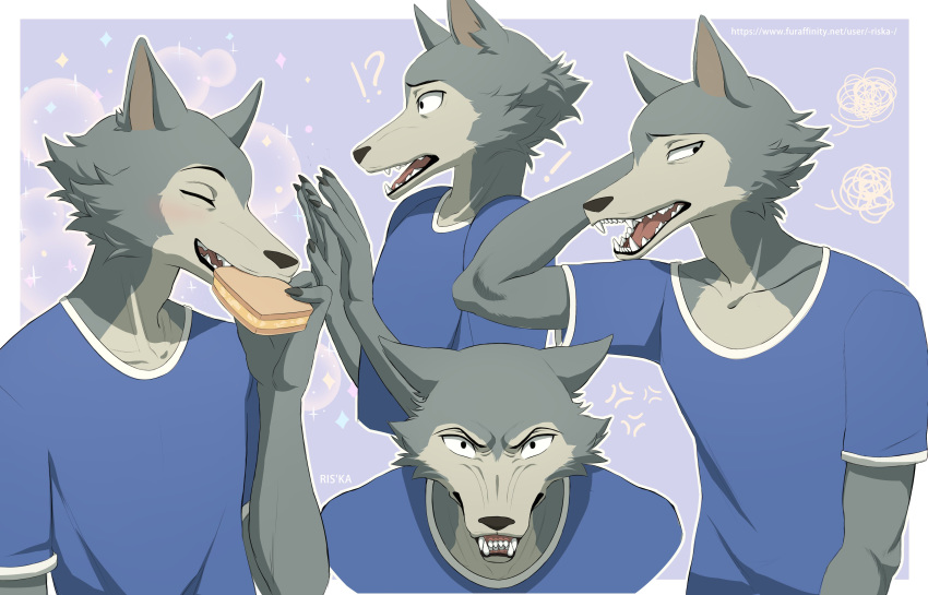 2020 absurd_res angry anthro beastars blush canid canine canis clothed clothing eating fangs food fur grey_body grey_fur hi_res legoshi_(beastars) male mammal multicolored_body multicolored_fur riska_(artist) sandwich_(food) signature simple_background solo surprise teeth wolf