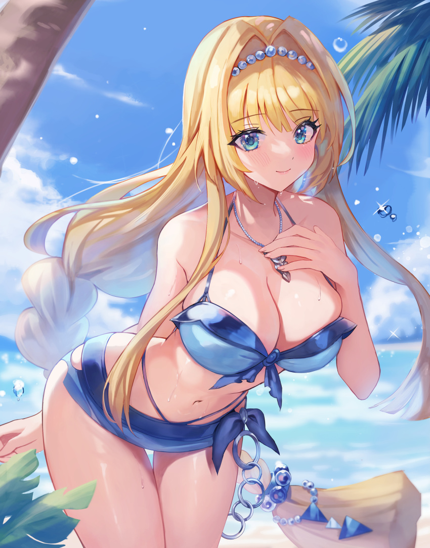 absurdres ashikaga_yoshiteru_(sengoku_otome) blonde_hair blue_eyes blush braid breasts cleavage collarbone day docozi female hair_intakes hairband highres jewelry large_breasts long_hair looking_at_viewer navel necklace ocean outdoors sengoku_otome single_braid smile solo sweat swimsuit thigh_gap