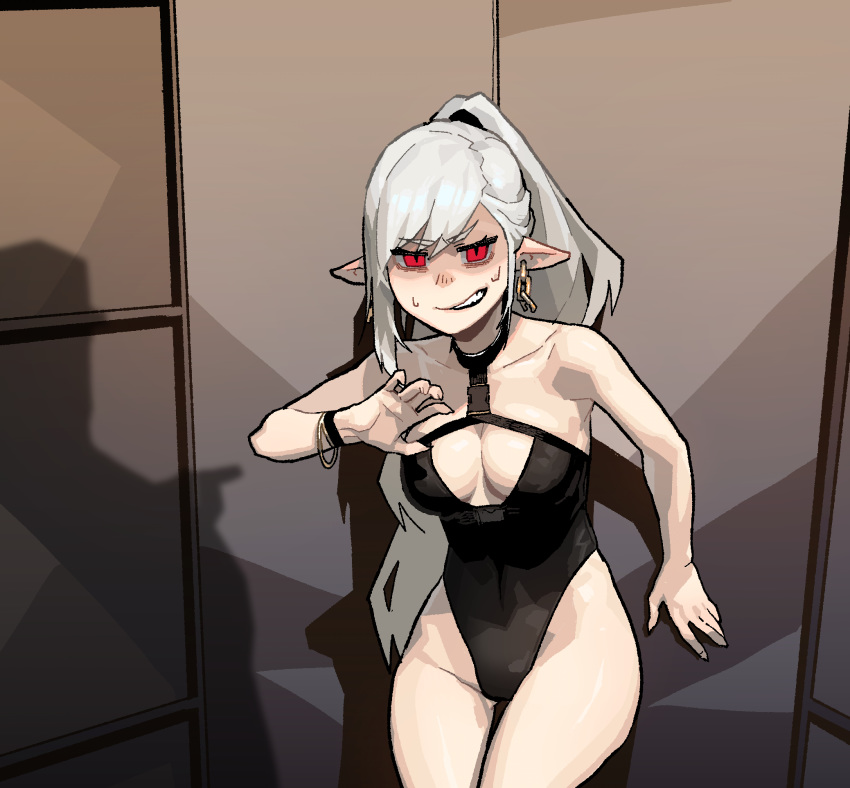 ? bare_shoulders black_one-piece_swimsuit bracelet breasts buckle choker cleavage cleavage_cutout clothing_cutout earrings female gogalking grey_hair highres jewelry long_hair looking_at_viewer one-piece_swimsuit original pale_skin pointing ponytail pov red_eyes solo speech_bubble sweatdrop swimsuit teeth textless_version unbuckled vampire vampire_(gogalking)