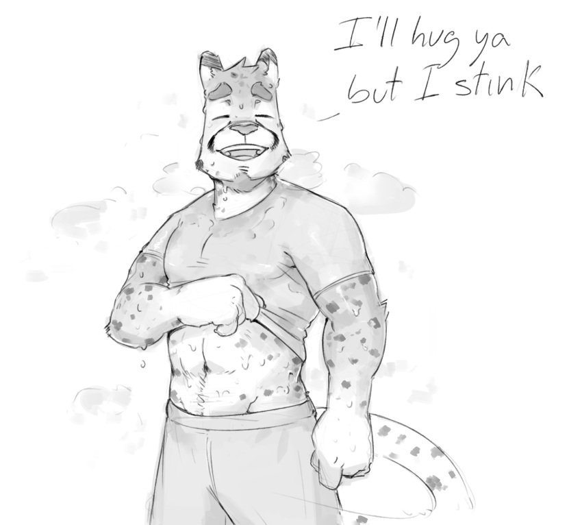 abs anthro beard bodily_fluids bottomwear cheetah closed_eyes clothing dialogue facial_hair felid feline gato_matero hi_res male mammal monochrome muscular muscular_anthro muscular_male musk open_mouth pants smelly smile solo standing sweat sweatpants talking_to_viewer