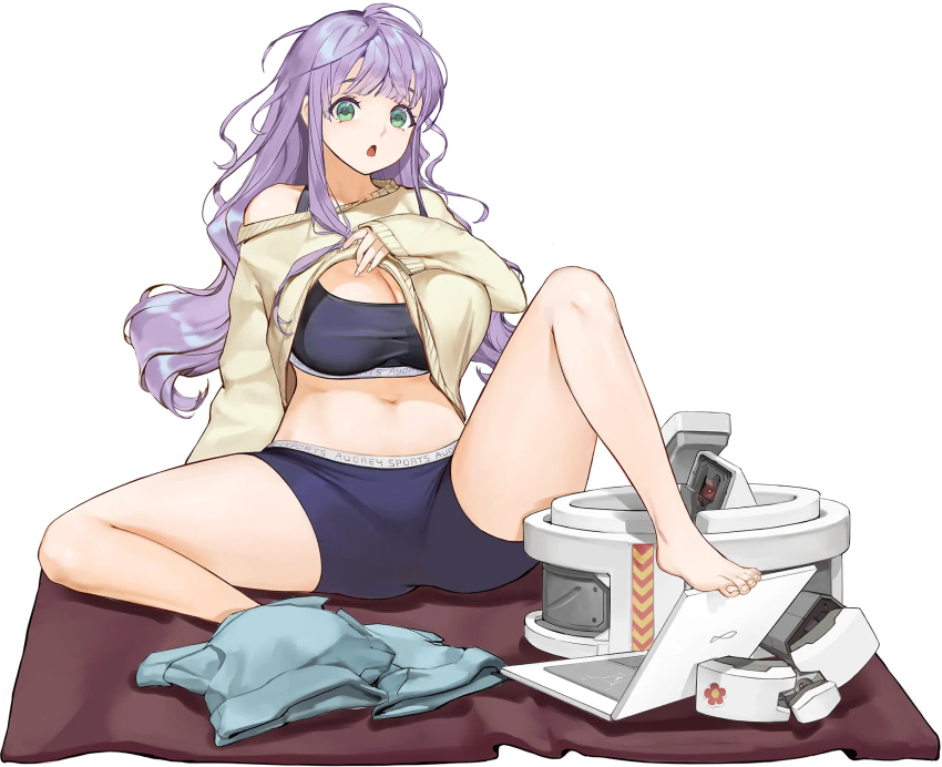 bangs barefoot black_sports_bra english_text feet female full_body game_cg green_eyes gremlin_(last_origin) highres last_origin long_hair looking_at_viewer messy_hair navel official_art open_mouth purple_hair rorobomb shorts shorts_removed sitting solo sports_bra sportswear sweater tachi-e transparent_background