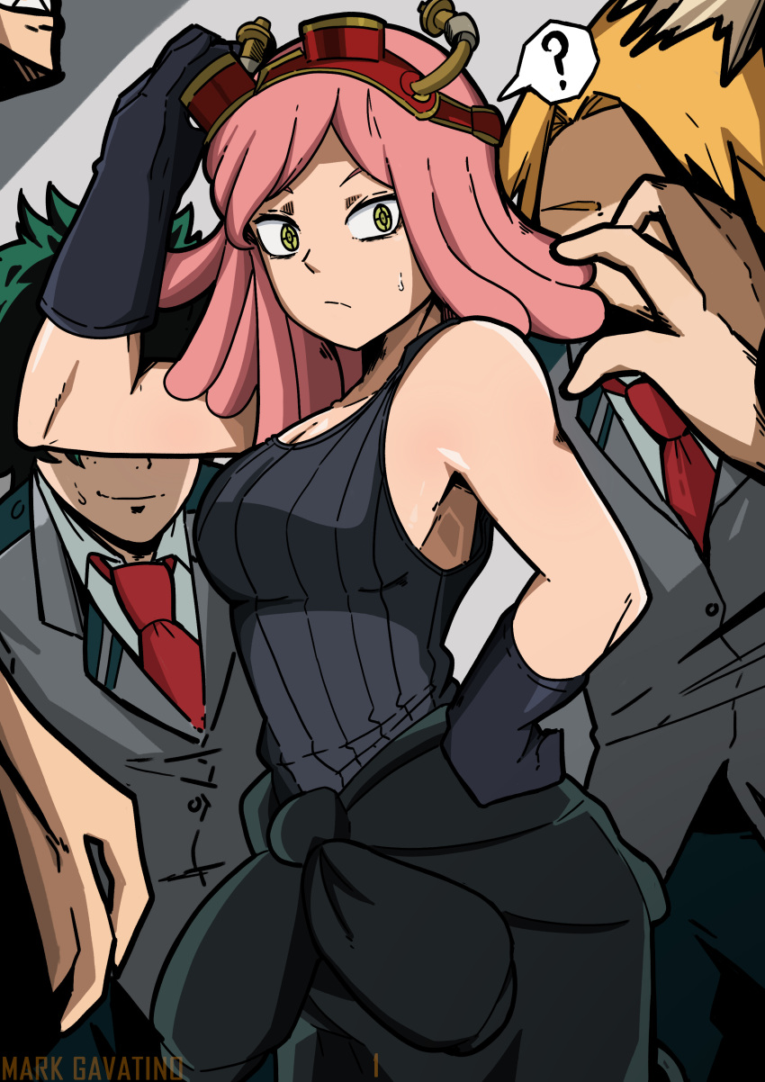 4boys ? absurdres arm_up artist_name bare_shoulders black_gloves black_hair blonde_hair blush boku_no_hero_academia breasts cleavage collarbone commentary female gloves goggles goggles_on_head green_hair hand_on_own_hip hatsume_mei highres imminent_rape kaminari_denki large_breasts looking_at_viewer mark_gavatino medium_hair midoriya_izuku multiple_boys necktie pink_hair solo_focus spoken_question_mark straight sweatdrop symbol-shaped_pupils tank_top yellow_eyes