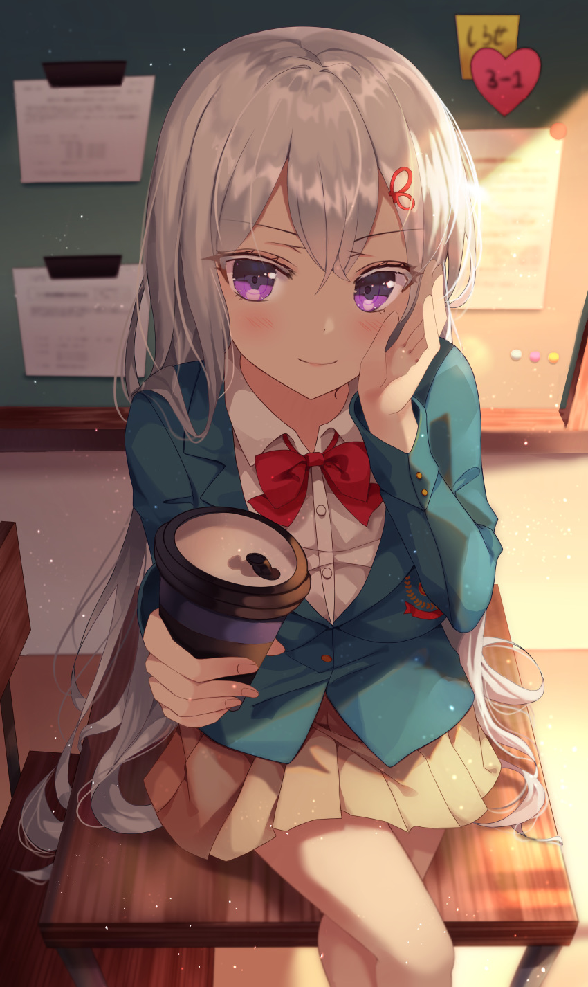 absurdres bad_id bad_pixiv_id blazer bow bulletin_board colored_eyelashes crossed_legs cup desk disposable_cup echidna_(re:zero) female grey_hair hair_ribbon hand_up highres holding holding_cup jacket long_hair long_sleeves purple_eyes re:zero_kara_hajimeru_isekai_seikatsu red_bow ribbon school_desk school_uniform shaffelli sitting skirt solo very_long_hair