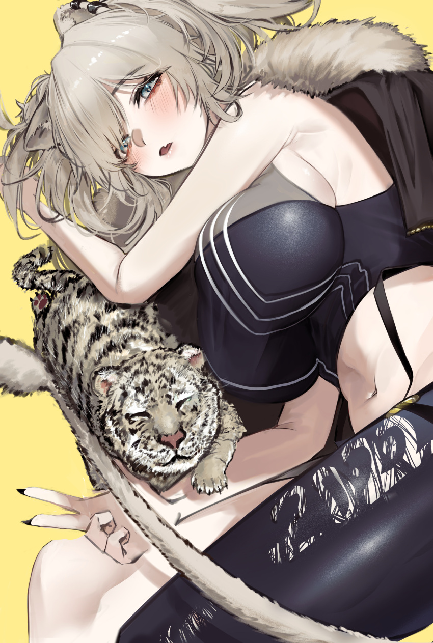 2022 absurdres animal_ears bare_arms black_jacket black_nails black_pantyhose blush breasts chinese_zodiac cleavage commentary crop_top female fingernails from_above fur_trim grey_eyes grey_hair half-closed_eyes highres hololive jacket large_breasts lion_ears lion_girl lion_tail long_fingernails long_hair looking_at_viewer lying midriff mookie_(e_mook9) navel oerba_yun_fang on_side open_mouth pantyhose see-through see-through_cleavage sharp_fingernails shishiro_botan shishiro_botan_(1st_costume) sideboob single_leg_pantyhose skin_fang solo tail tiger two_side_up very_long_fingernails virtual_youtuber w year_of_the_tiger