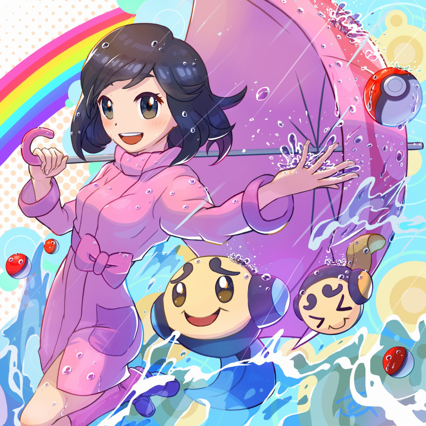 >_< :d bad_id bad_pixiv_id black_hair blush boots bow coat commentary_request eyelashes female highres holding holding_umbrella long_sleeves medium_hair open_mouth parasol_lady_(pokemon) pink_coat pink_footwear poke_ball poke_ball_(basic) pokemon pokemon_(creature) pokemon_bw rain rainbow smile teeth tom_(pixiv10026189) tongue tympole umbrella upper_teeth_only water water_drop