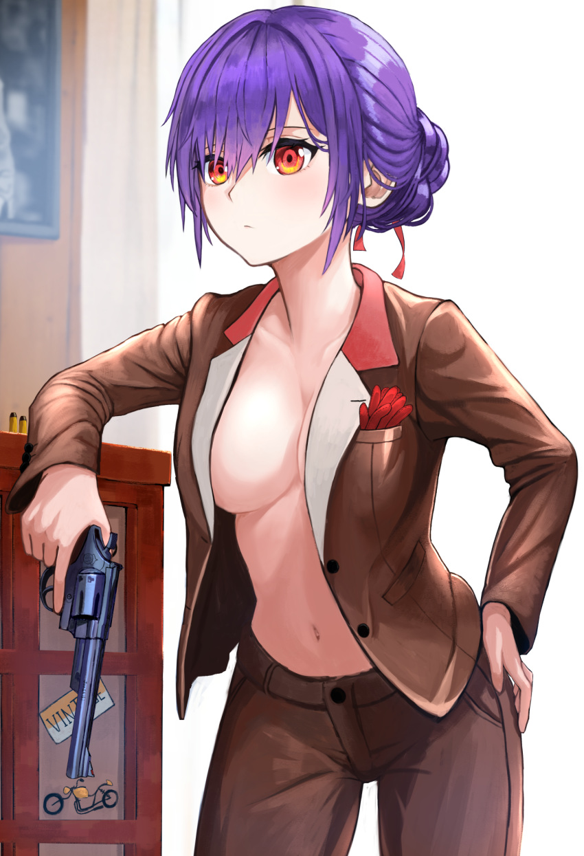 backlighting breasts brown_jacket brown_pants cleavage closed_mouth collarbone female gun hair_between_eyes hair_intakes hair_ribbon hand_on_own_hip handgun highres holding holding_gun holding_weapon jacket junshiki long_sleeves medium_breasts navel no_bra open_clothes open_jacket original pants purple_hair red_eyes red_ribbon ribbon short_hair solo standing tied_hair weapon