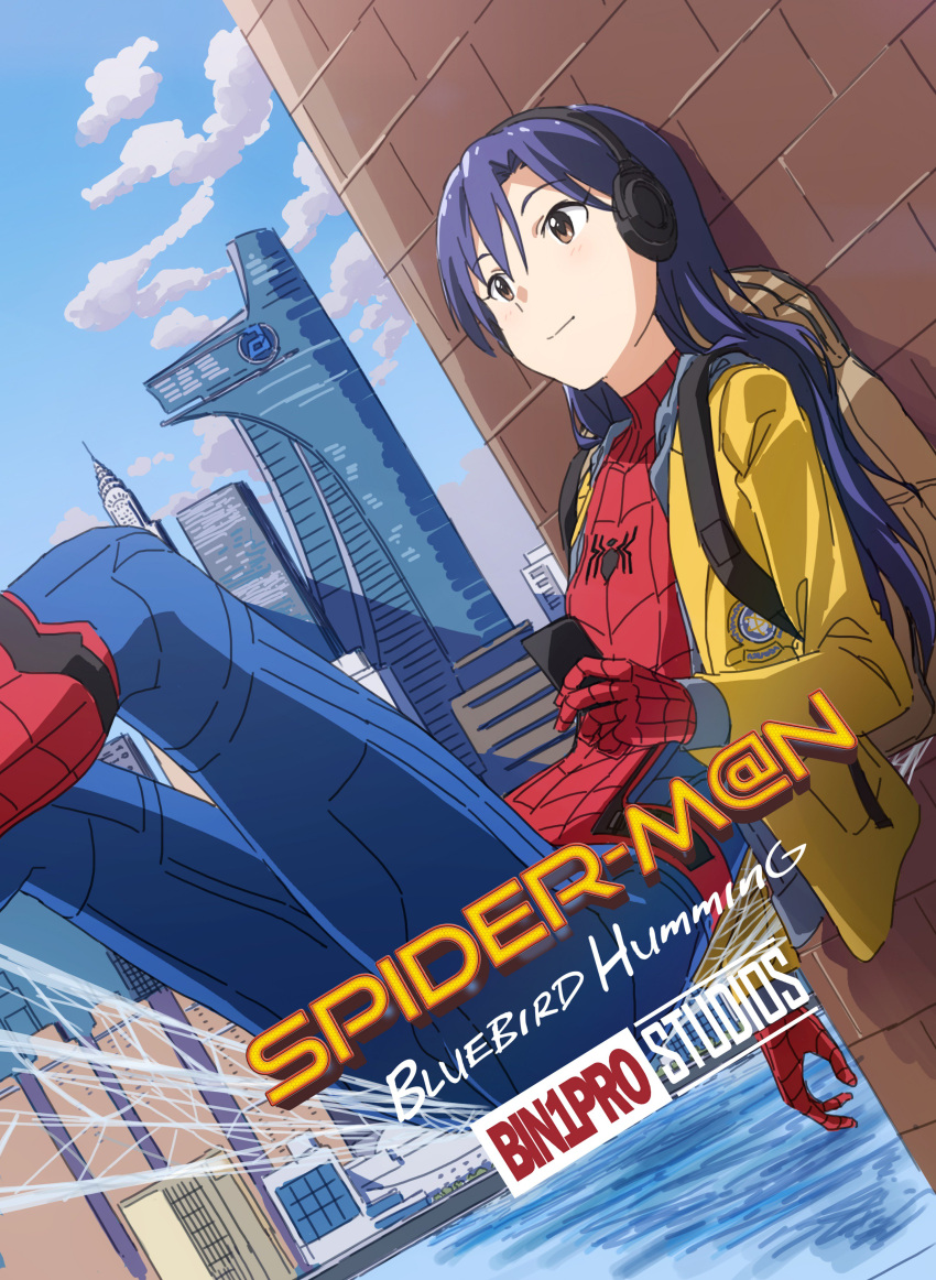 absurdres against_wall avengers_tower backpack bag bin1production blue_hair blue_sky brick_wall brown_eyes building chrysler_building closed_mouth cloud cloudy_sky commentary_request cosplay costume day dutch_angle female headphones highres holding idolmaster idolmaster_(classic) jacket kisaragi_chihaya logo_parody long_hair marvel marvel_cinematic_universe new_york_city open_clothes open_jacket outdoors shadow silk sitting sky skyscraper smile solo spider-man spider-man:_homecoming spider-man_(cosplay) spider-man_(series) spider_web taku1122 wall