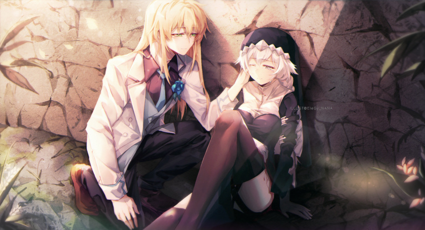 1boy black_footwear black_pants blonde_hair blue_eyes boots closed_mouth commentary female green_eyes hand_on_another's_face highres honkai_(series) honkai_impact_3rd jacket kallen_kaslana long_hair long_sleeves nana895 necktie nun otto_apocalypse outdoors pants sitting thigh_boots thighhighs white_hair white_jacket