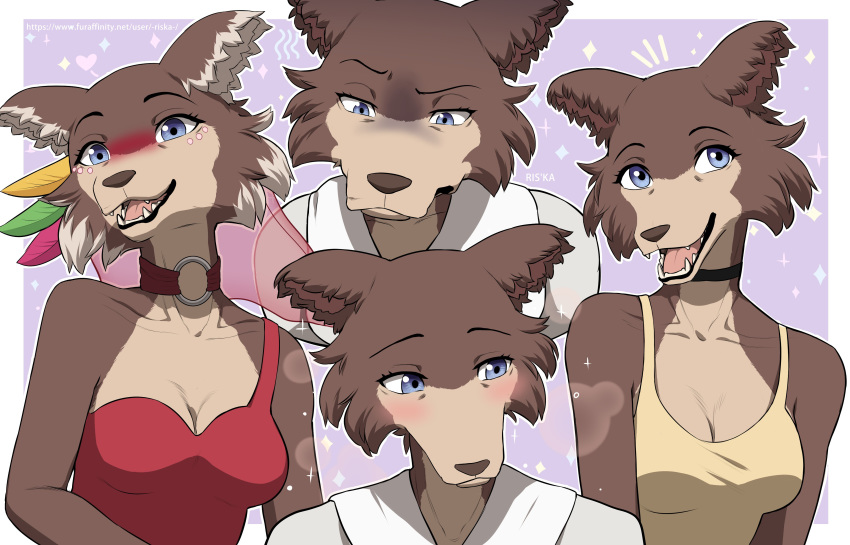 2020 absurd_res anthro beastars blue_eyes blush breasts brown_body brown_fur canid canine canis choker cleavage clothed clothing collar dress female fur hi_res jewelry juno_(beastars) looking_at_viewer looking_down mammal multicolored_body multicolored_fur multiple_poses necklace pose riska_(artist) signature simple_background smile solo two_tone_body two_tone_fur veil wolf