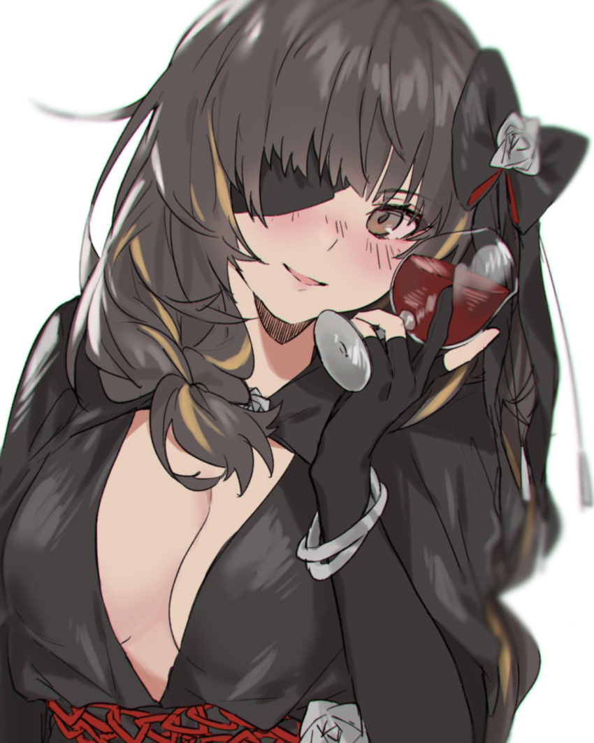 alternate_costume aogisa bad_id bad_pixiv_id black_dress black_gloves blush bow bracelet braid breasts brown_eyes brown_hair cleavage cup dress drinking_glass duplicate elbow_gloves eyepatch female girls'_frontline gloves hairbow head_tilt highres jewelry long_hair looking_at_viewer m16a1_(blazer_of_the_trail)_(girls'_frontline) m16a1_(girls'_frontline) medium_breasts multicolored_hair open_mouth partially_fingerless_gloves pixel-perfect_duplicate scar scar_across_eye scar_on_face single_braid smile solo streaked_hair wine_glass