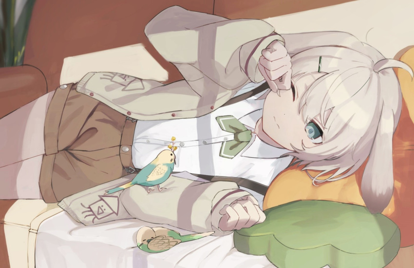 3; animal animal_ears bangs beak_hold bird blanket brown_shorts bunny_ears cardigan child_drawing collared_shirt couch cowboy_shot dress_shirt female flower green_neckwear green_ribbons grey_hair hair_ornament hairclip indoors lon_(niconico) long_sleeves lying neck_ribbon niconico on_couch on_side one_eye_closed open_cardigan open_clothes pillow ribbon rubbing_eyes shirt shorts sleeping sleepy sleeves_past_wrists usirome utaite_(singer) waking_up white_shirt window_shade yellow_flower