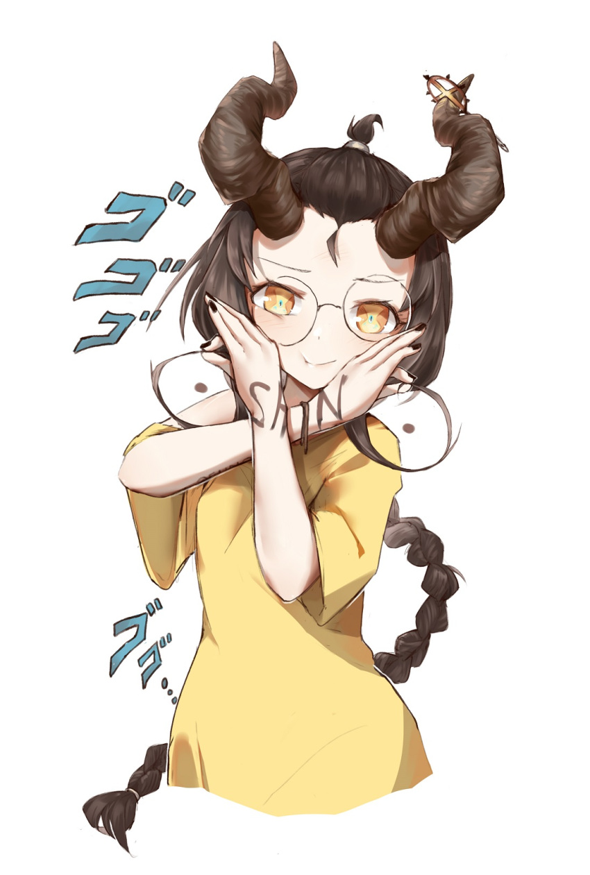 black_hair black_nails braid braided_ponytail brown_eyes chinese_commentary commentary_request cropped_torso dress female glasses hands_up highres holding holding_own_hair horns indie_virtual_youtuber long_hair looking_at_viewer menacing_(jojo) nail_polish oshin0_(vtuber) oshin0_(zheng) short_sleeves smile solo upper_body very_long_hair virtual_youtuber white_background wristband yellow_dress