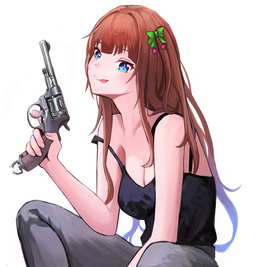 .live :p absurdres black_shirt blue_eyes bow breasts brown_hair cleavage collarbone female green_bow grey_pants gun hair_intakes hairbow handgun highres holding holding_gun holding_weapon junshiki kakyouin_chieri long_hair medium_breasts nagant_m1895 off_shoulder pants revolver shirt simple_background sitting sleeveless sleeveless_shirt solo tongue tongue_out very_long_hair virtual_youtuber weapon white_background