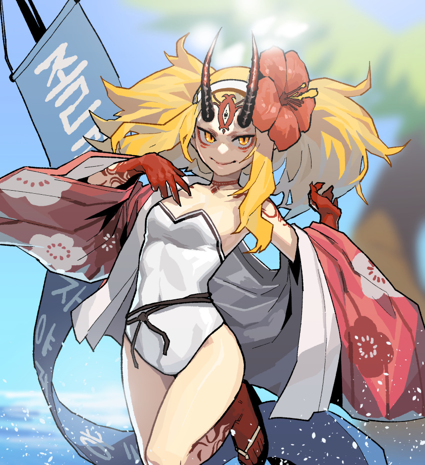 absurdres arm_tattoo beach blonde_hair blurry blurry_background closed_mouth depth_of_field eyeshadow facial_mark fate/grand_order fate_(series) female flower forehead_mark forehead_tattoo gogalking hair_flower hair_ornament hands_up highres horns ibaraki_douji_(fate) ibaraki_douji_(swimsuit_lancer)_(fate) ibaraki_douji_(swimsuit_lancer)_(second_ascension)_(fate) japanese_clothes kimono long_sleeves looking_at_viewer makeup one-piece_swimsuit open_clothes open_kimono red_flower sandals slit_pupils smile solo standing standing_on_one_leg swimsuit tattoo twintails white_one-piece_swimsuit wide_sleeves yellow_eyes