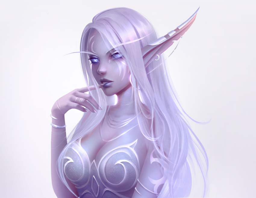 alisa_nilsen breasts cleavage commentary ear_covers ear_piercing earrings elf english_commentary female finger_to_mouth fingernails glowing glowing_eyes grey_hair hand_up highres jewelry linked_piercing long_hair looking_at_viewer medium_breasts nail_polish necklace night_elf_(warcraft) nightborne piercing pointy_ears purple_eyes purple_lips simple_background solo upper_body warcraft white_background white_hair white_nails