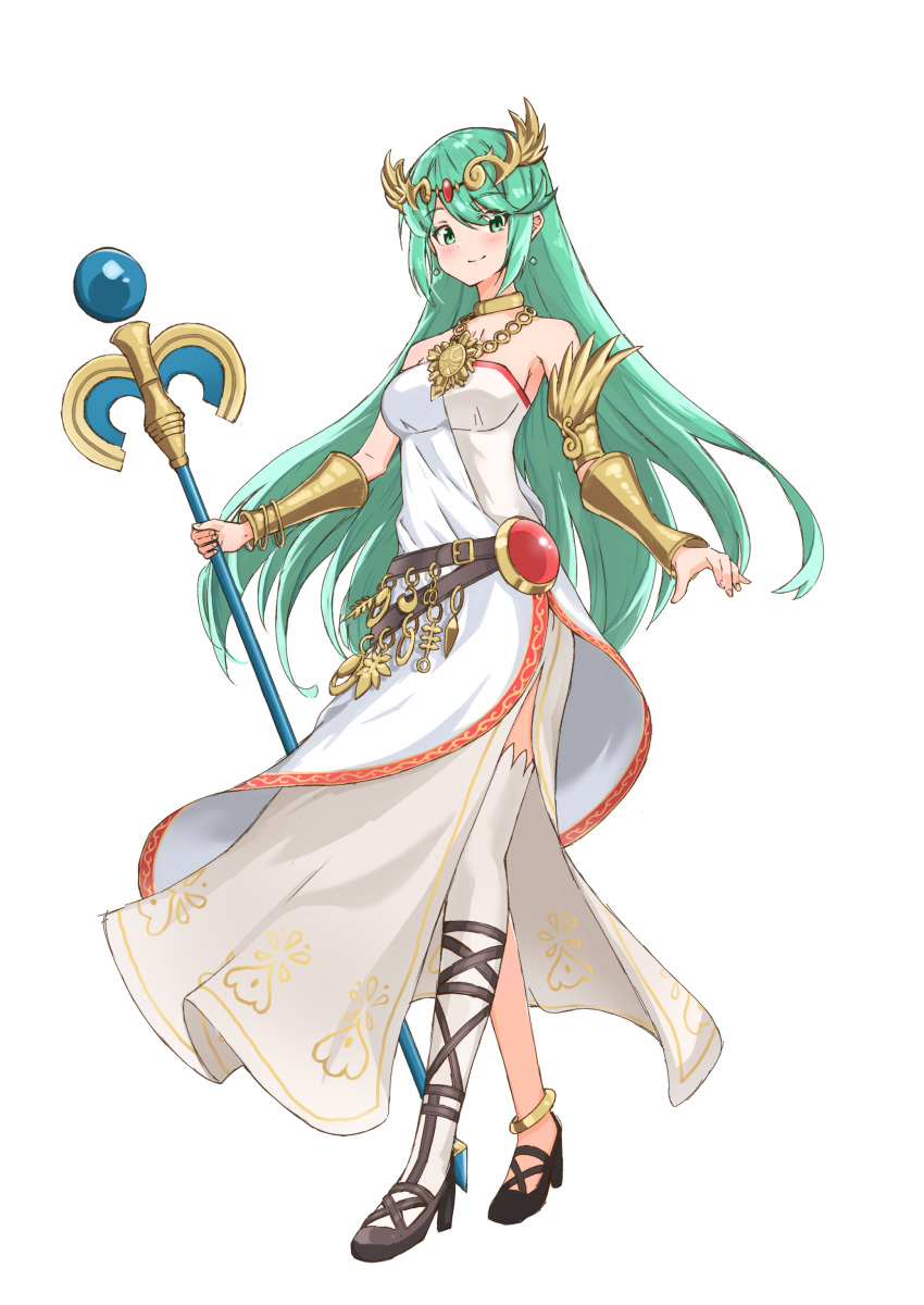 absurdres ancient_greek_clothes aotsuba armlet bare_shoulders belt breasts chiton cosplay dress female forehead_jewel full_body gold greco-roman_clothes high_heels highres jewelry kid_icarus large_breasts laurel_crown long_legs multiple_belts neck_ring necklace palutena palutena_(cosplay) pendant pneuma_(xenoblade) sandals side_slit single_thighhigh solo strapless strapless_dress thighhighs thighs tiara vambraces white_dress white_thighhighs xenoblade_chronicles_(series) xenoblade_chronicles_2