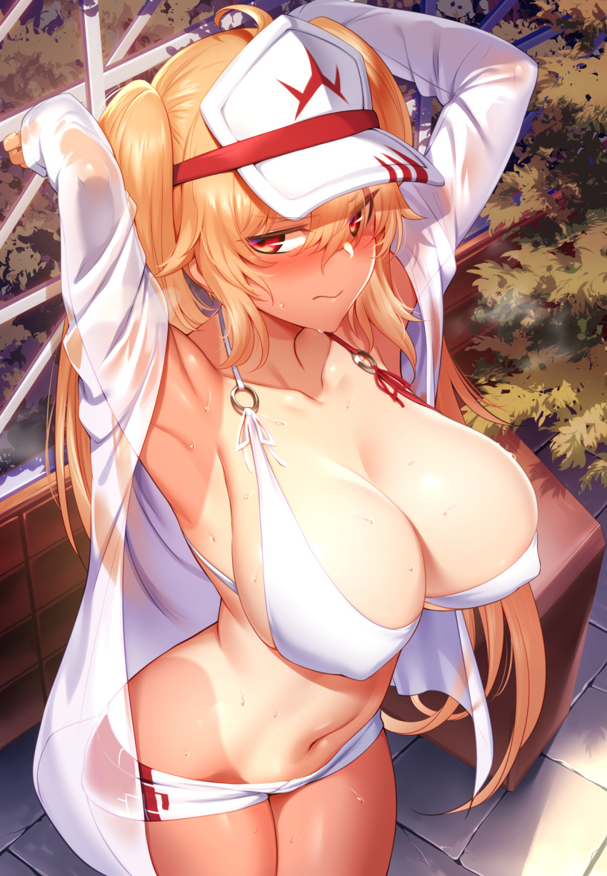 ahoge armpits arms_up bikini blonde_hair blush breasts bush cleavage collarbone commentary_request female fence highres hiyake-chan large_breasts long_hair m-da_s-tarou navel o-ring o-ring_top one-piece_tan open_clothes open_shirt orange_eyes original see-through shirt solo sweat swimsuit tan tanlines twintails visor_cap white_bikini white_shirt