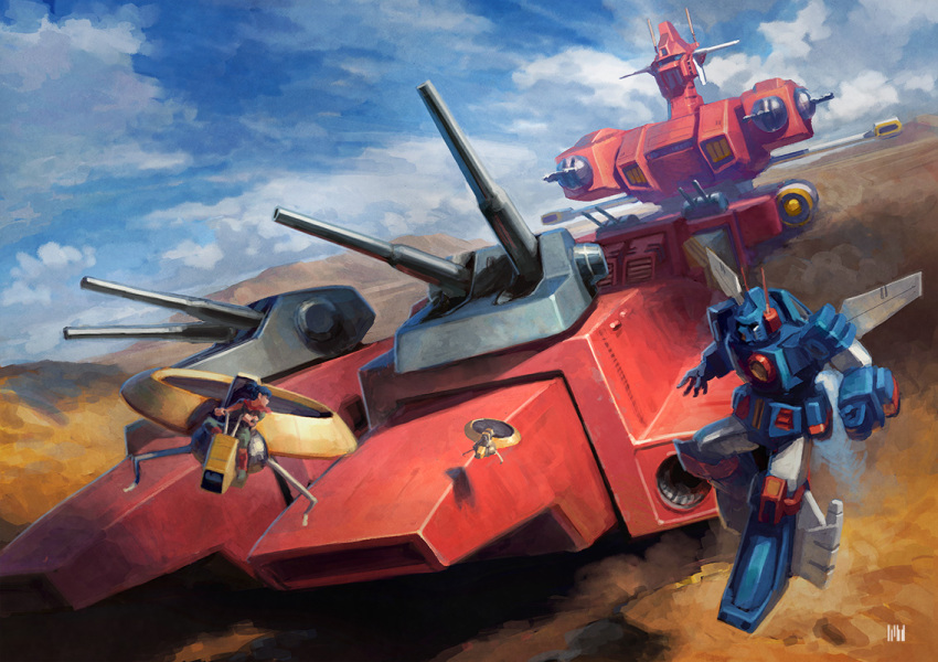 assault_visor blue_hair clenched_hand female flying fmu hobuggy hovercraft iron_gear landship looking_to_the_side mecha military military_vehicle open_hand pilot_suit rag_uralo realistic robot science_fiction sentou_mecha_xabungle short_hair signature turret watercraft xabungle_(mecha)