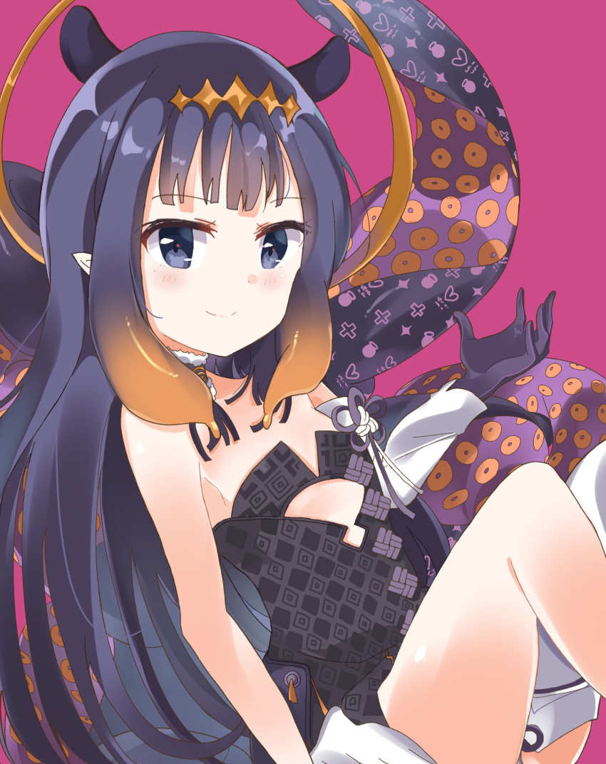 black_dress black_gloves blue_eyes blunt_bangs breasts dress feet_out_of_frame female gloves gradient_hair halo hidejiu highres hololive hololive_english long_hair looking_at_viewer mole mole_under_eye multicolored_hair ninomae_ina'nis ninomae_ina'nis_(1st_costume) orange_hair pink_background pointy_ears purple_hair sidelocks simple_background small_breasts smile solo tentacle tentacle_hair very_long_hair virtual_youtuber