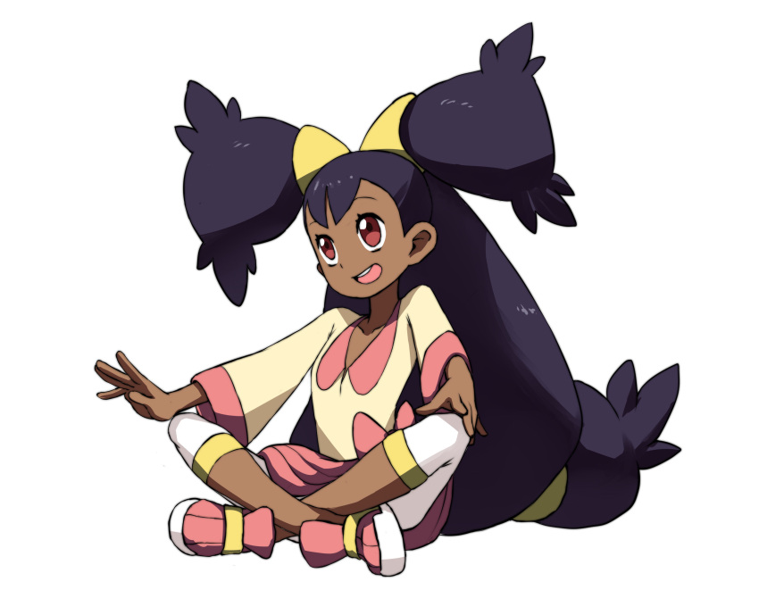 :d absurdres brown_eyes chimu_xingcheng commentary_request dark-skinned_female dark_skin eyelashes female full_body hair_tie highres iris_(pokemon) leggings long_hair low-tied_long_hair open_mouth pink_footwear pink_skirt plunging_neckline pokemon pokemon_bw purple_hair shirt shoes simple_background sitting skirt smile solo teeth tongue two_side_up upper_teeth_only v-neck very_long_hair white_background white_leggings yellow_shirt