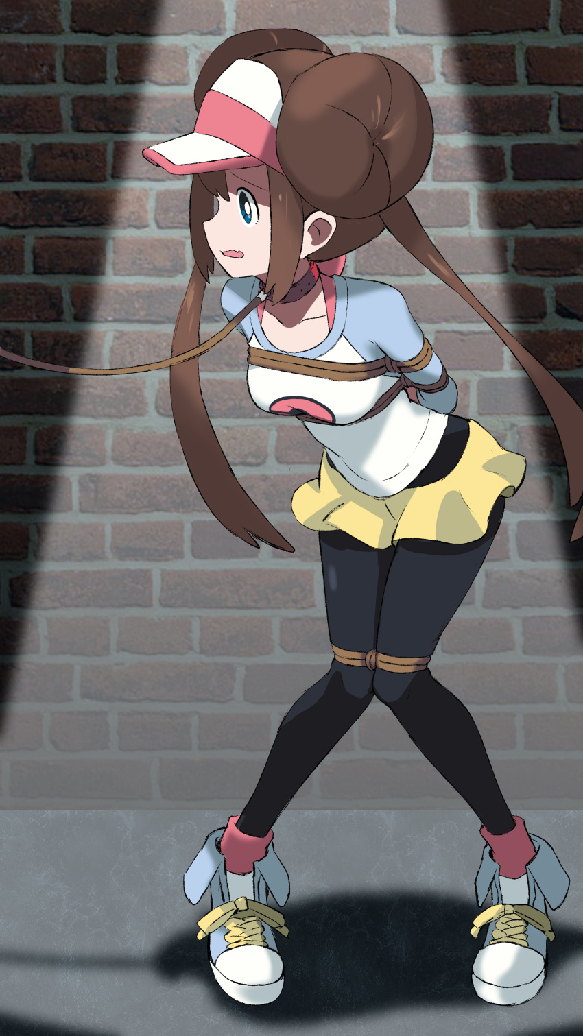 absurdres arms_behind_back black_pantyhose blue_eyes bondage bondage bound bow breasts brick_wall brown_hair chimu_xingcheng collar collarbone commentary_request double_bun female full_body hair_bun highres knees_together_feet_apart leash long_hair looking_to_the_side open_mouth pantyhose pantyhose_under_shorts pigeon-toed pink_bow pokemon pokemon_bw2 raglan_sleeves rosa_(pokemon) shirt shoes short_shorts shorts sneakers solo spotlight standing twintails visor_cap yellow_shorts