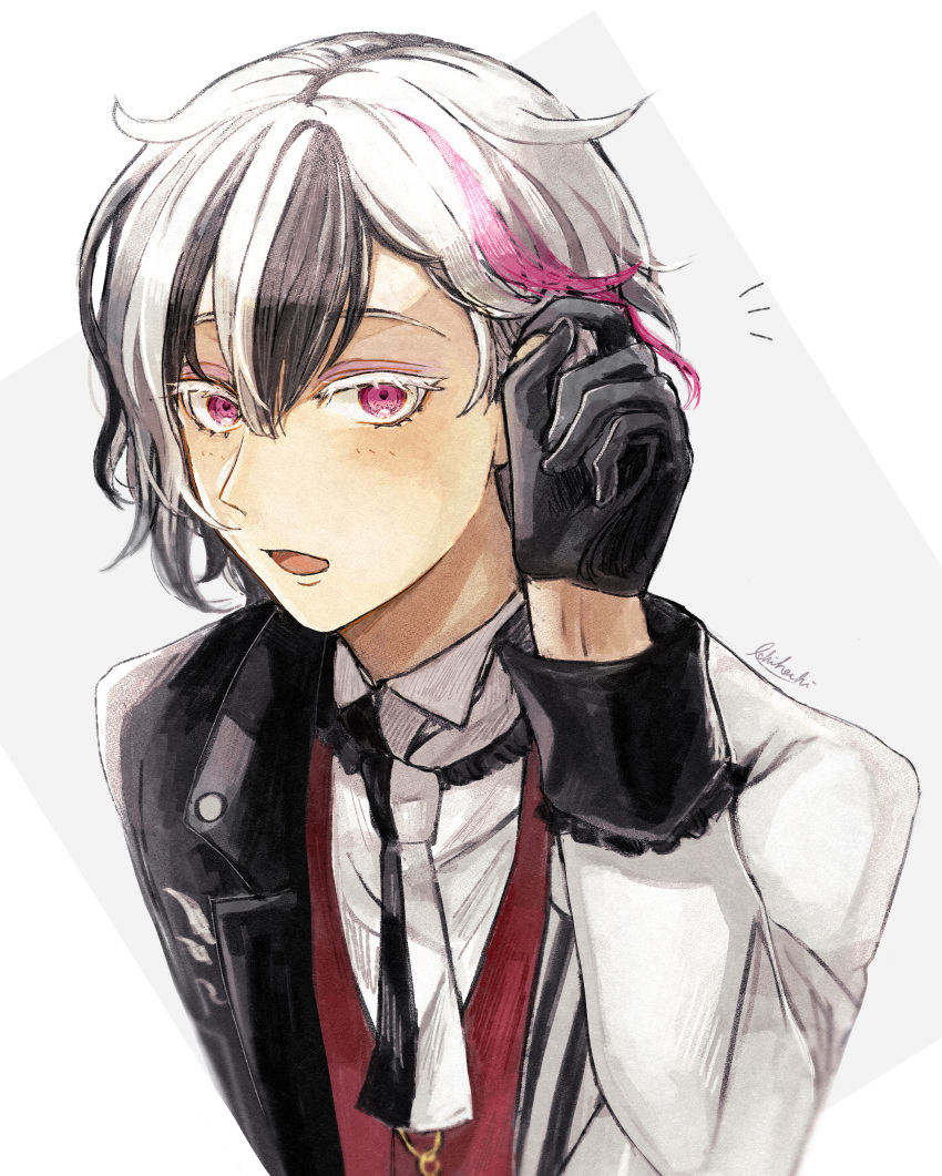 1boy absurdres akuma_shitsuji_to_kuroi_neko berrien_cliane black_hair blush formal gloves highres jacket leaning_forward long_sleeves looking_at_viewer male_focus multicolored_hair open_mouth pink_eyes pink_hair sindo_pink solo white_background white_hair white_jacket