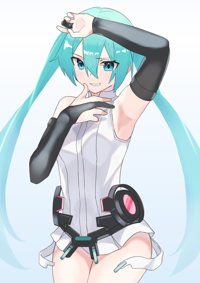 6o2_(rokumaruni) aqua_eyes aqua_hair arm_up armpits bare_shoulders belt black_gloves bridal_gauntlets commentary cowboy_shot doyagao female gloves grin hand_on_own_chin hatsune_miku hatsune_miku_(append) highres hip_gear leotard long_hair looking_at_viewer smile smug solo twintails very_long_hair vocaloid vocaloid_append white_leotard