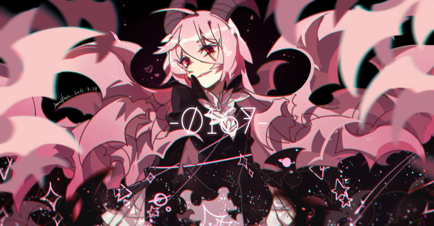 bat_wings black_dress demon_horns demon_wings dress female funamusea horns juliet_sleeves lil_(funamusea) long_hair long_sleeves looking_at_viewer maou_skun pink_hair puffy_sleeves red_eyes very_long_hair wings